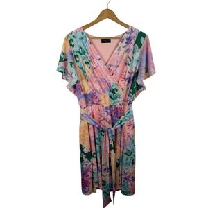 Lane Bryant Floral Dress Sz 18/20 Multicolor Pastel Patchwork Tie Waist Vibrant